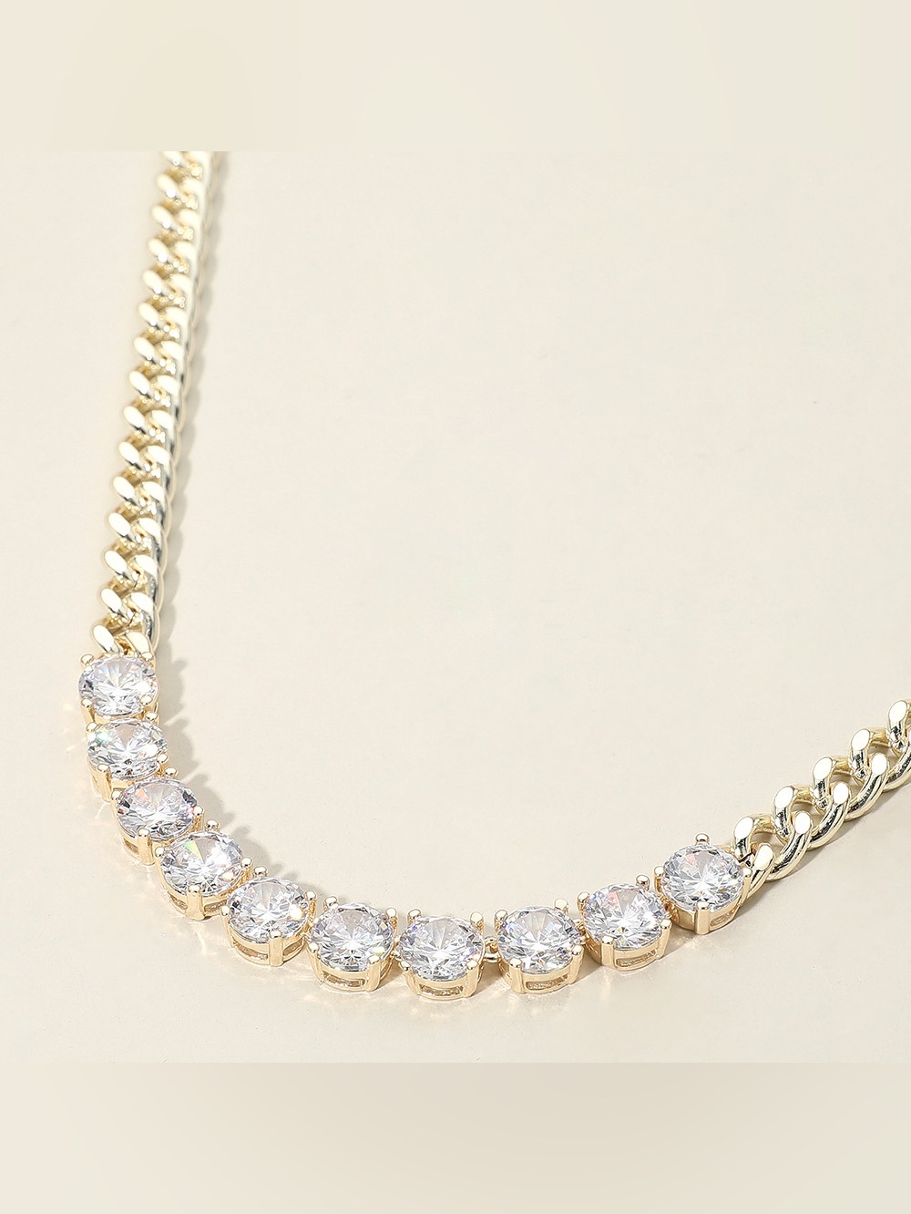 14K Gold Plated Round-Cut Solitaire CZ Stone Link Necklace